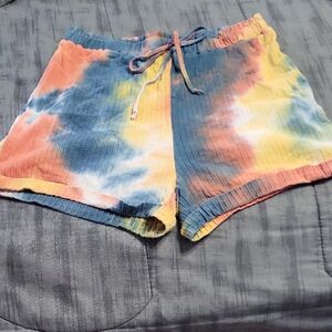 Shein Tie-Dye Ribbed Drawstring Women's Shorts - Multicolor,elastic Waist